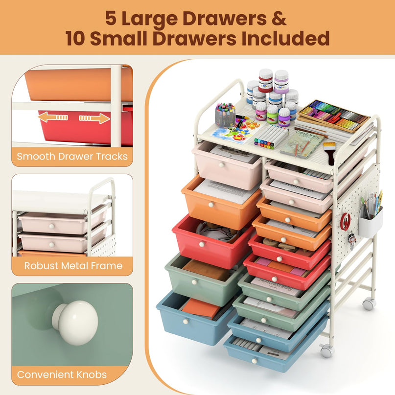 Giantex 15 Drawer Rolling Storage Cart with Metal Tabletop & Pegboard