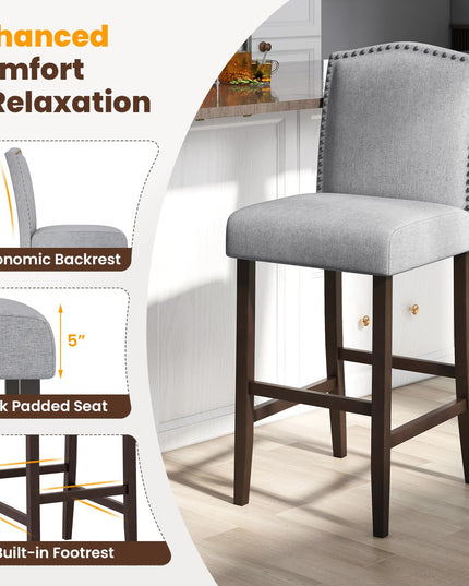 Giantex 30" Bar Stools Set of 2/4, Upholstered Bar Height Bar Chairs with Back & Rubber Wood Legs