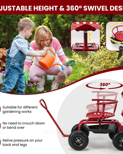 Giantex Rolling Garden Cart, 360 Swivel Workseat with 4 Wheels, Removal Cushion & Tool Tray, Storage Basket