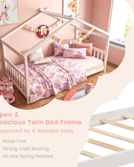 Giantex House Bed Twin, Solid Wood Kids House Bed with Roof
