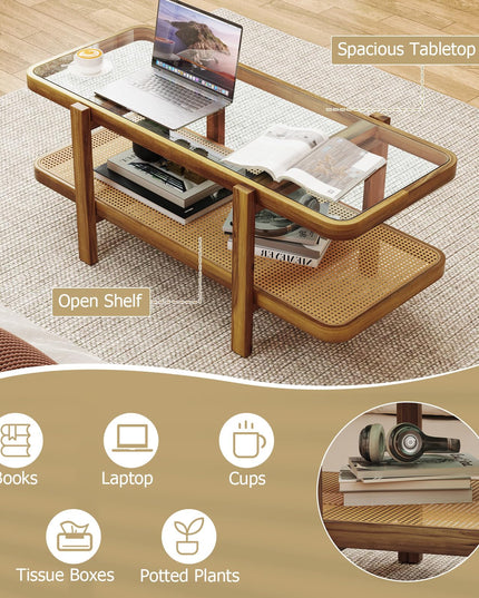 Giantex Rattan Coffee Table, 47.5" Rectangle Solid Wood Tea Table w/Tempered Glass Tabletop
