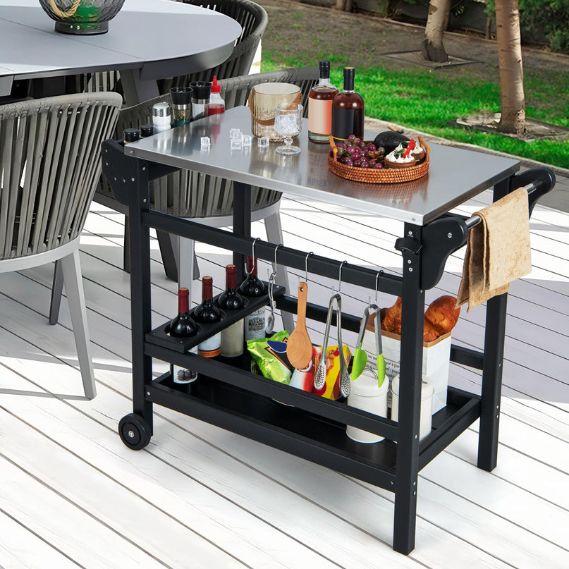 Giantex Grill Cart Pizza Oven Stand, HDPE Outdoor Prep Table, Stainless Steel Top, Storage Shelf