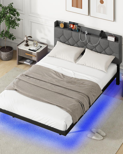 Giantex Floating Bed Frame with LED Lights, Modern Platform Bed with Adjustable Upholstered Headboard & Charging Station