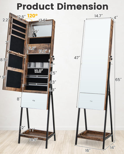 CHARMAID Jewelry Cabinet Armoire with Full Length Mirror, 3-Color Light Strips, Mirrored Tilt out Drawer