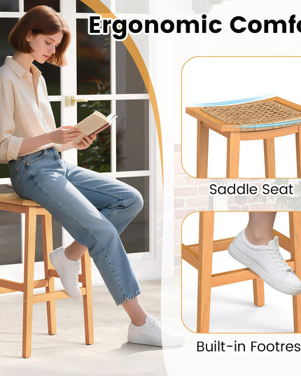 Giantex Outdoor Wooden Bar Stools Set of 2/4 with PE Rattan Saddle Seat & Footrest