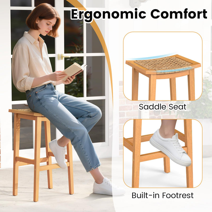 Giantex Outdoor Wooden Bar Stools Set of 2/4 with PE Rattan Saddle Seat & Footrest