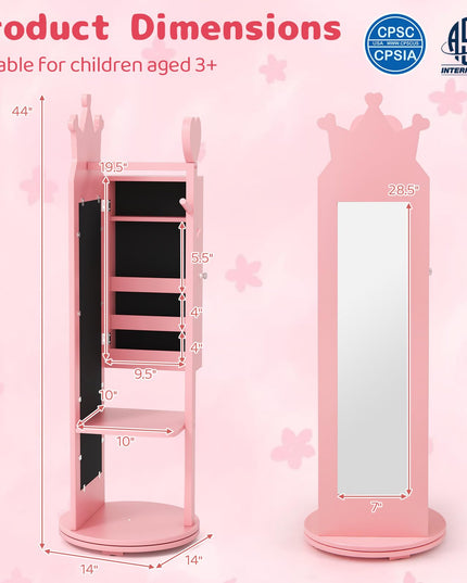 CHARMAID Kids Mirror Jewelry Cabinet - 360° Swivel Jewelry Armoire with Full Length Mirror