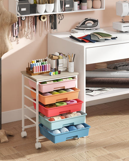 Giantex 5 Drawers Rolling Cart with Wheels Wood Top Sturdy Frame