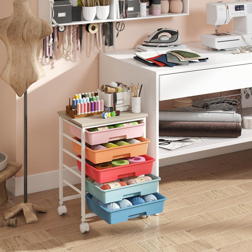 Giantex 5 Drawers Rolling Cart with Wheels Wood Top Sturdy Frame