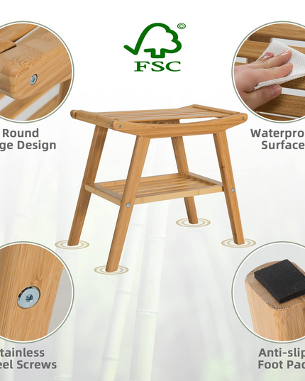 Bamboo Shower Bench with Foot Stool, Shower Seat Bench with Underneath Storage Shelf