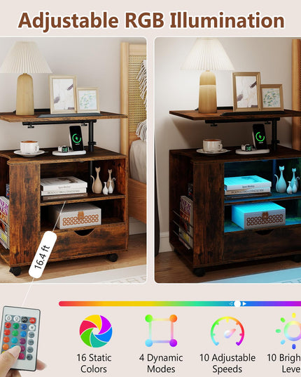 GIANTEX LED Rolling Nightstand with Charging Station & Laptop Tray