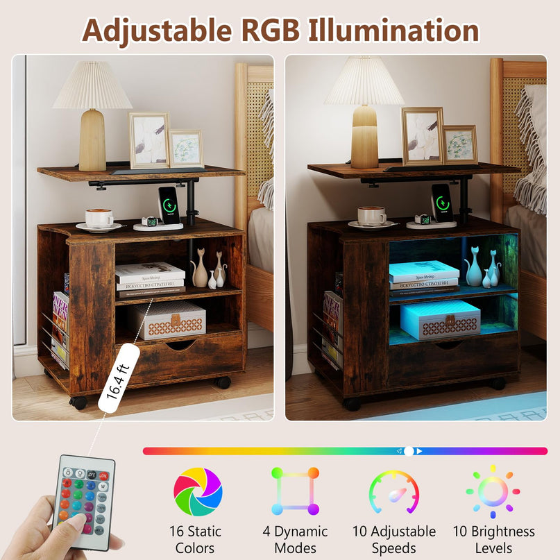GIANTEX LED Rolling Nightstand with Charging Station & Laptop Tray