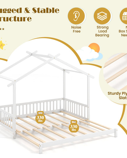 Giantex Extendable House Bed for Kids, Twin to King Daybed with Roof & Fence Rails, Wood Kids Bed Frame for Teens
