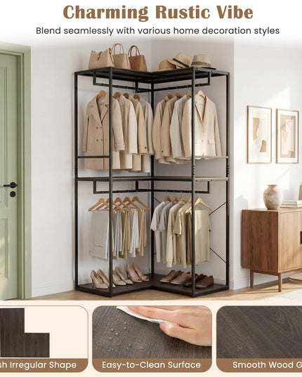 Giantex 3-Tier L-Shaped Garment Rack w/3 Open Shelves & 2 Hanging Racks