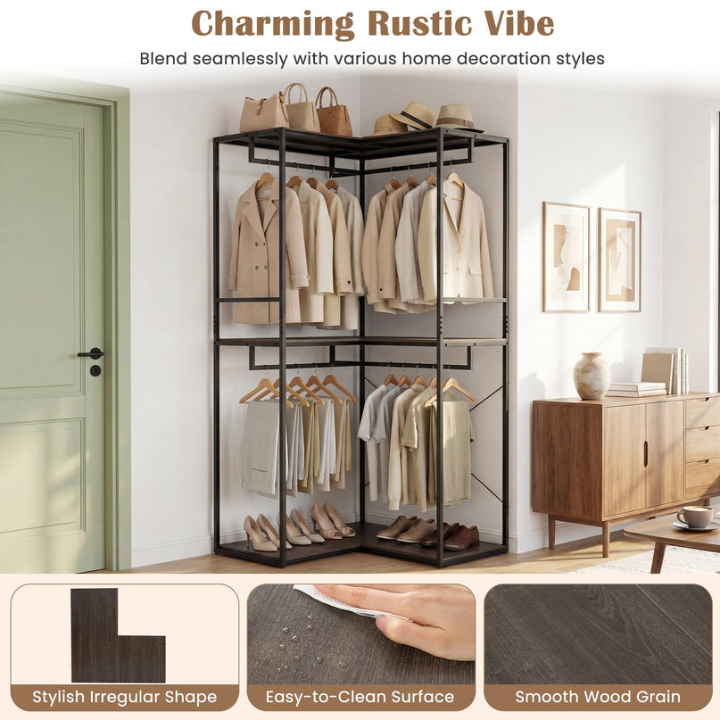 Giantex 3-Tier L-Shaped Garment Rack w/3 Open Shelves & 2 Hanging Racks