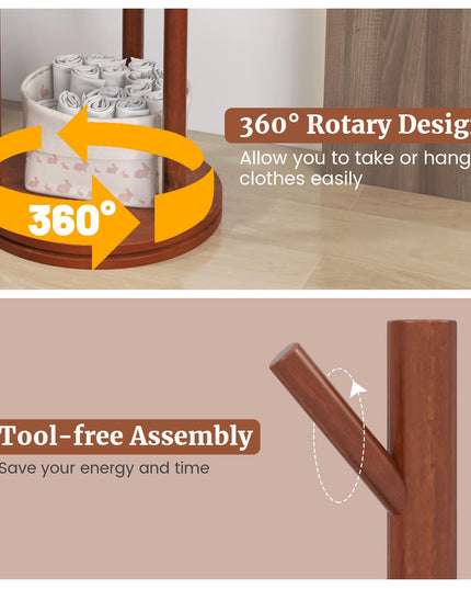 Giantex Coat Rack Freestanding, Wooden Rotary Coat Tree w/ 3 Display Storage Shelves & 9 Hooks