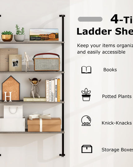Giantex 4-Tier Industrial Bookshelf, Wall Mounted Pipe Shelving Unit, Floating Shelves with Metal Frame