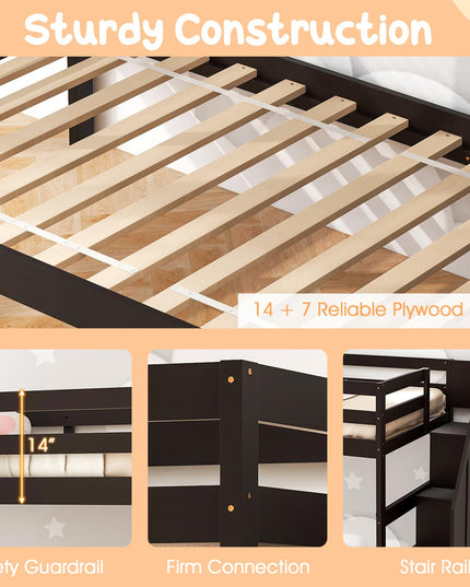 Giantex Twin Over Twin Bunk Bed with Trundle and Storage Stairs, Solid Wood Bunk Bed Convertible 3 Bed Frames for Bedroom