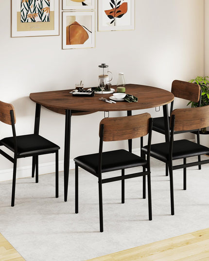 Giantex  43.5" Round Kitchen Table and 4 Upholstered Dining Chairs with Drop Leaf Tabletop
