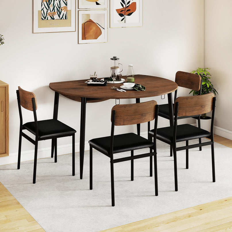 Giantex  43.5" Round Kitchen Table and 4 Upholstered Dining Chairs with Drop Leaf Tabletop