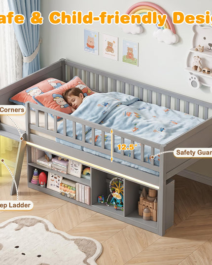 GIANTEX Low Loft Bed Twin Size with LED Lights