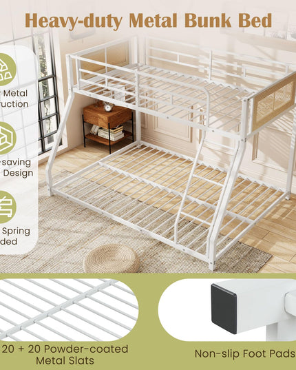 Giantex Twin Over Full Metal Bunk Bed Boho Rattan Floor Bunkbeds