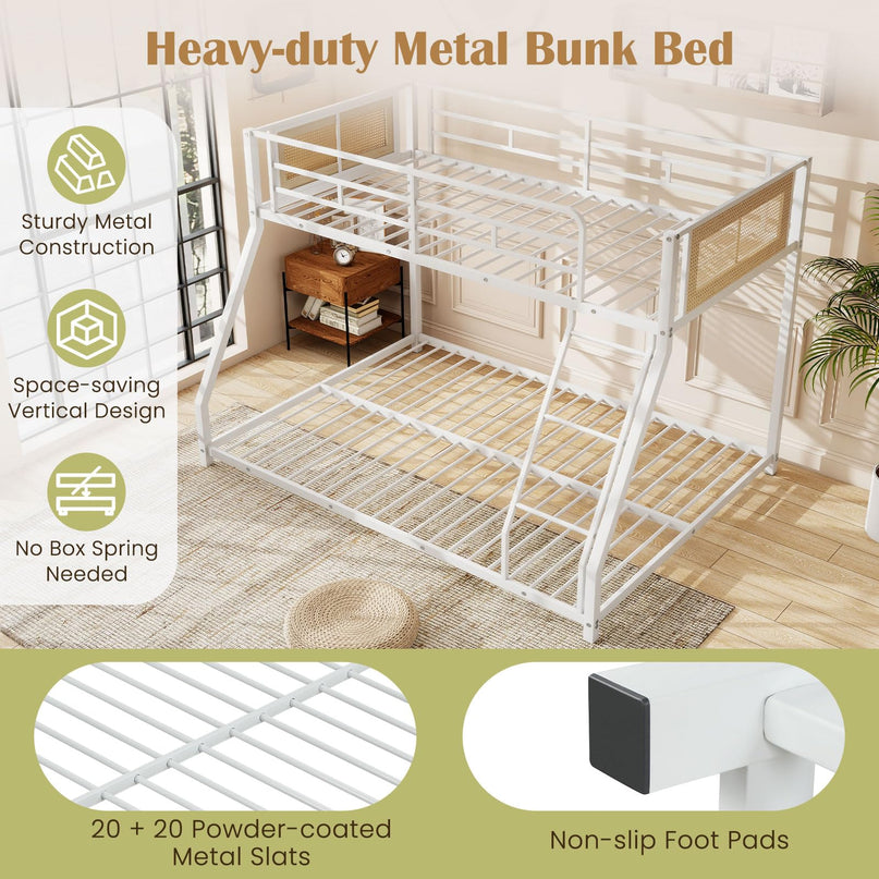Giantex Twin Over Full Metal Bunk Bed Boho Rattan Floor Bunkbeds