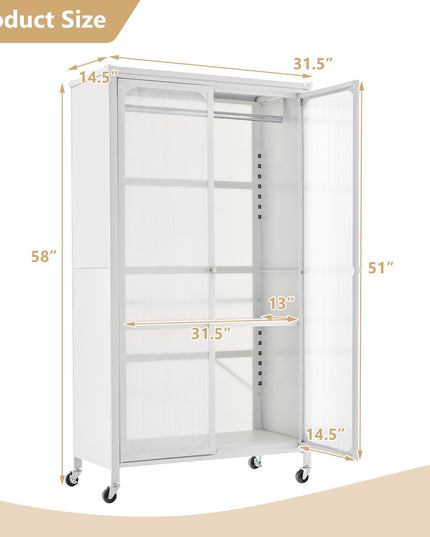 Portable Closet with Rollers, Mobile Metal Armoire Closet with Hanging Rod