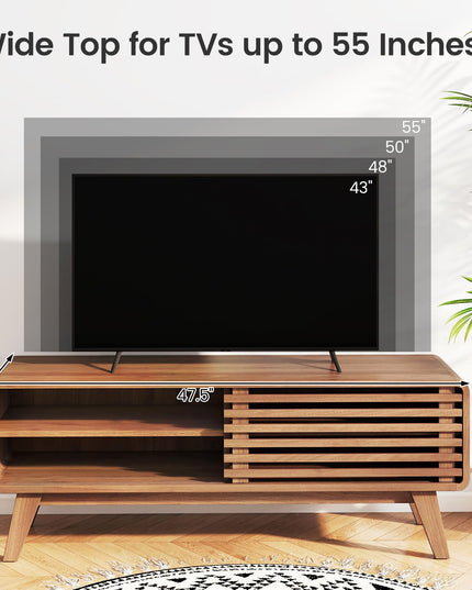 Meuble TV Giantex avec placard de rangement, porte coulissante et étagères réglables pour téléviseur de 50/55 pouces