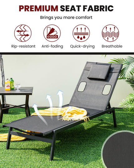 Giantex Patio Chaise Lounge Chair - Outdoor Lounge Chaise with Face Hole, Detachable Head Pillows, Black