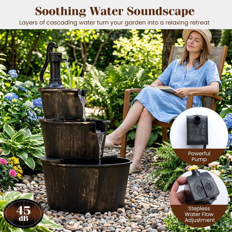 Giantex 37" 3-Tier Barrel Waterfall Fountain with Electric Pump