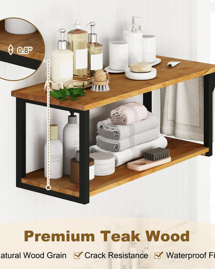 Giantex Teak Wood Bathroom Floating Wall Shelves 40.5" Long 2-Tier Storage Rack
