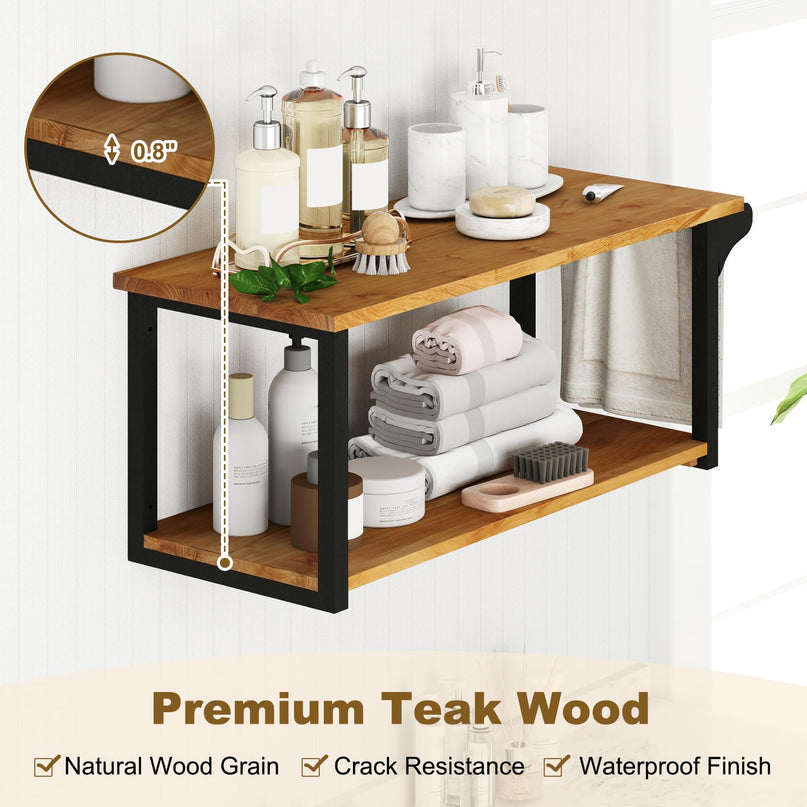 Giantex Teak Wood Bathroom Floating Wall Shelves 40.5" Long 2-Tier Storage Rack