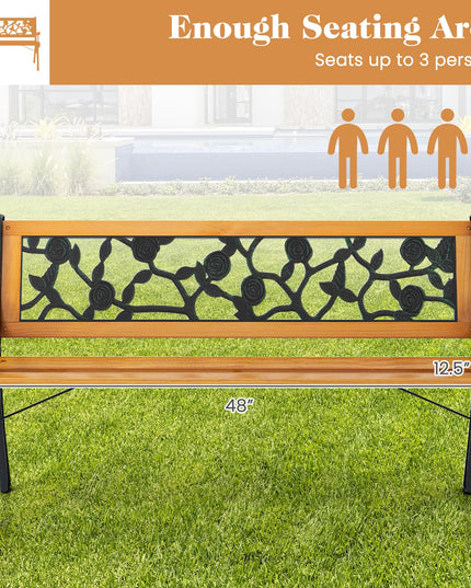 Giantex Outdoor Bench, 3-Person Park Bench with Slatted Seat, Curved Armrests, Floral Pattern Backrest