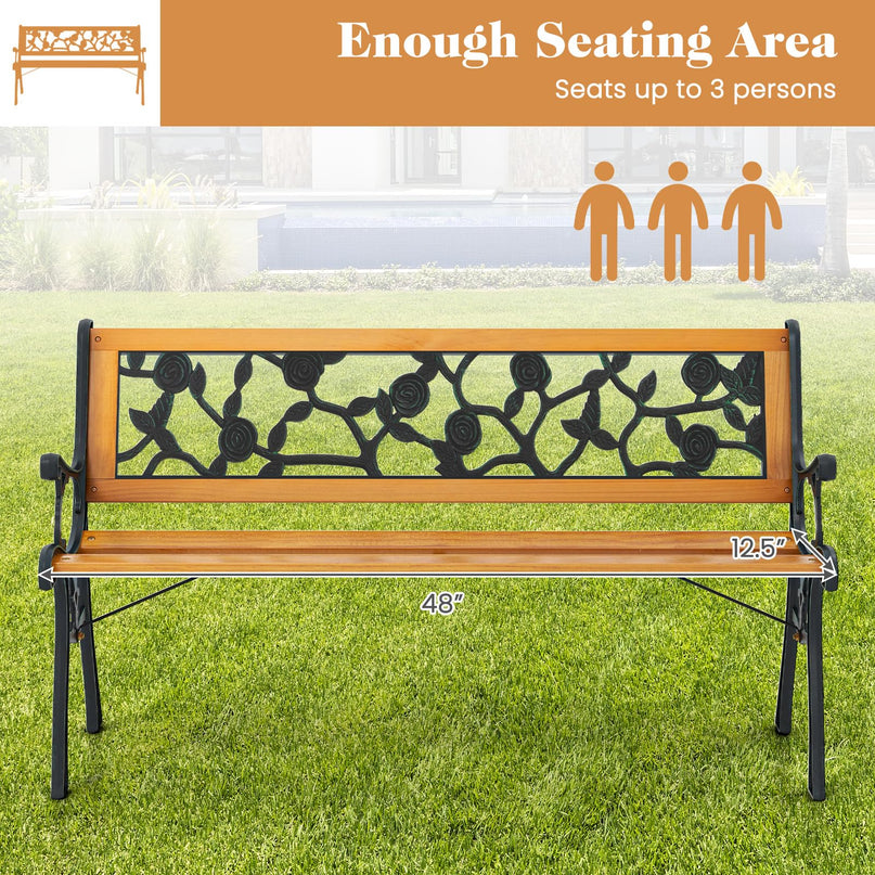 Giantex Outdoor Bench, 3-Person Park Bench with Slatted Seat, Curved Armrests, Floral Pattern Backrest