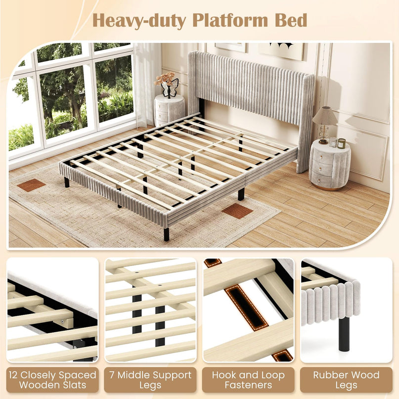Giantex Queen Velvet Bed Frame with Vertical Tufted Wingback Headboard