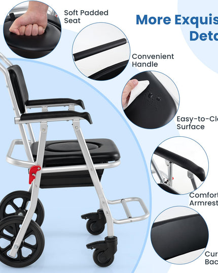 Giantex Bedside Commode Wheelchair for Toilet - Foldable Shower Chair with Arms, Lockable Casters