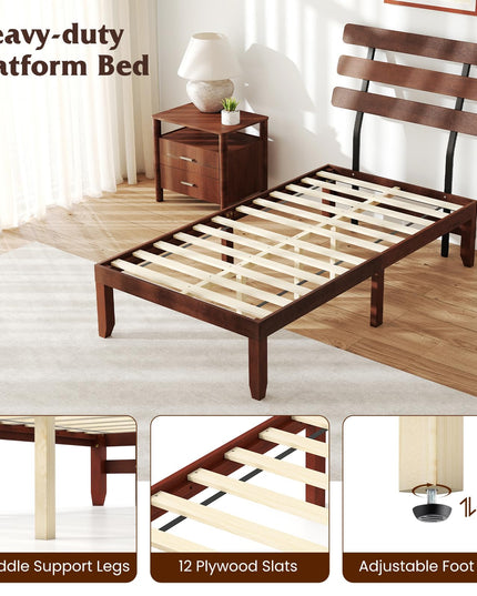 Giantex Mid-Century Modern Solid Wood Platform Bed with Wooden Slats Support & Retro Headboard