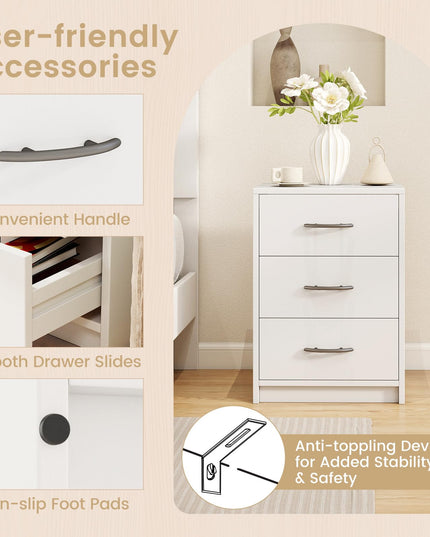 Giantex Nightstand with 3 Drawers, Modern Night Stand with Storage Drawers, White