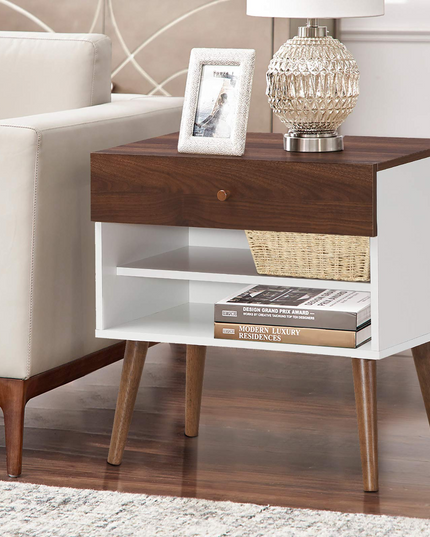 Nightstand with Drawer and Storage Shelves & Rubber Wood Legs, Brown&White