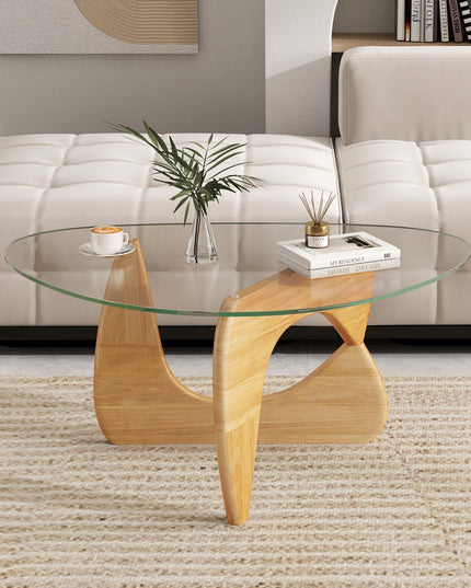 Giantex Triangle Glass Coffee Table, Solid Wood Tea Table with Tempered Glass Top & Adjustable Base