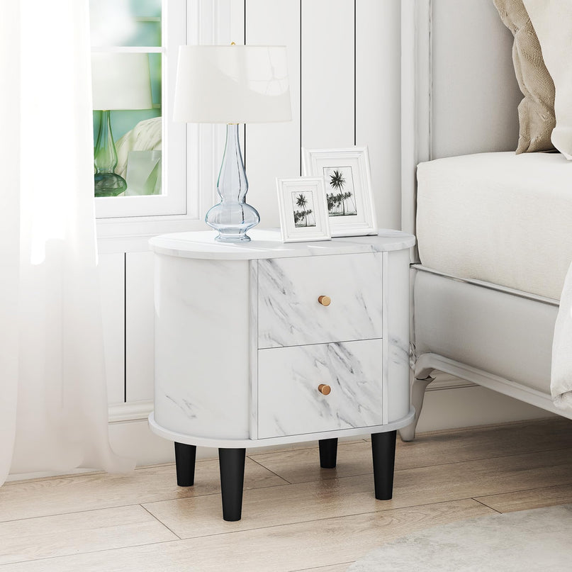 Giantex 2-Drawer Modern Faux Marble Bedside Table with Storage for Small Space