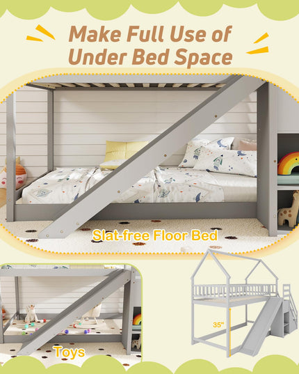 Giantex House Bunk Bed Twin Over Twin with Slide & Stairs for Kids Teens