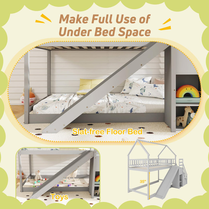 Giantex House Bunk Bed Twin Over Twin with Slide & Stairs for Kids Teens