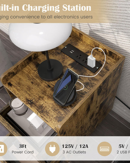 Giantex Nightstand with Charging Station, Narrow End Table with 2 Drawers & Metal Gold Legs