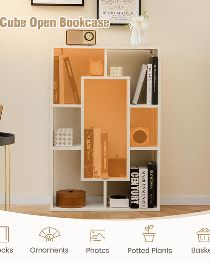 Giantex 7-Cube Bookcase White, Modern Freestanding Wooden Rectangular Bookshelf with Anti-Tipping Kits