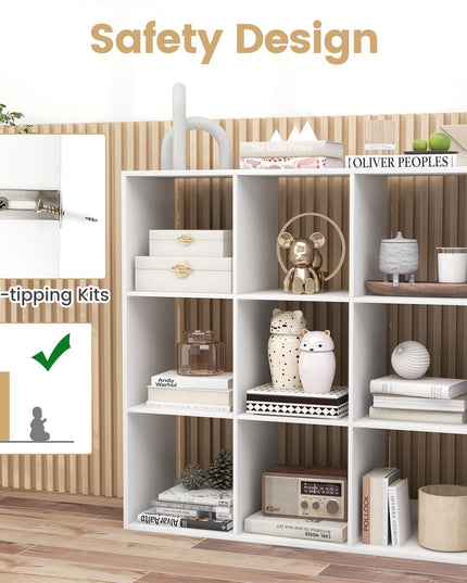 Giantex 9-Cube Bookcase, White Cubby Bookshelf w/Back Guardrail & Anti-Tipping Kits