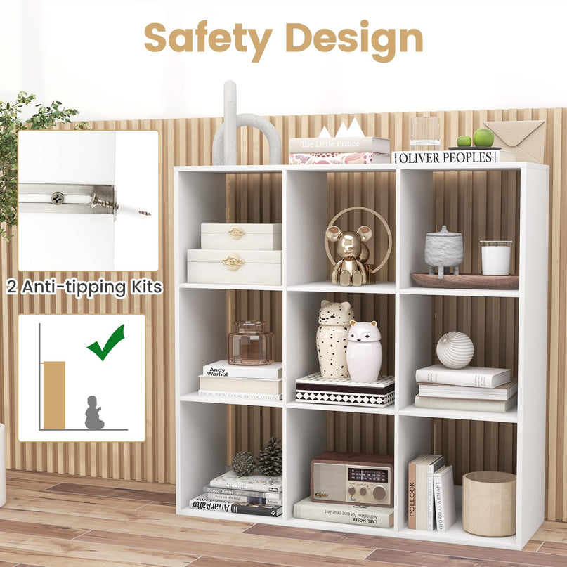 Giantex 9-Cube Bookcase, White Cubby Bookshelf w/Back Guardrail & Anti-Tipping Kits