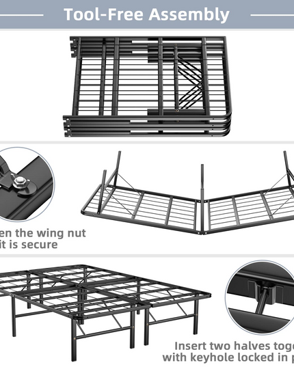 14 Inch Foldable Metal Mattress Foundation | Heavy Duty Bed Frame with Steel Slat