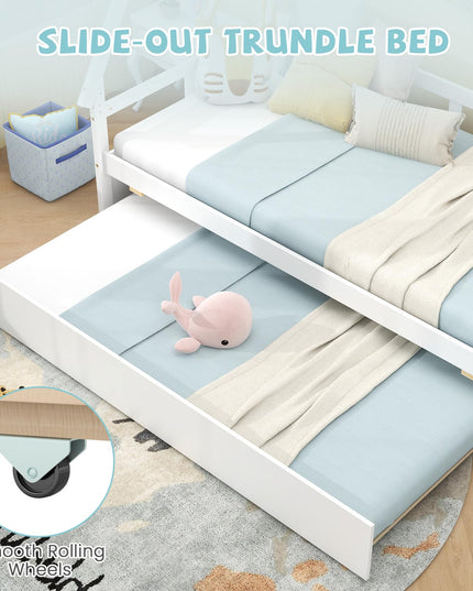Giantex Twin House Bed with Trundle, Wood Montessori Tent Bed Frame with Safety Guardrail